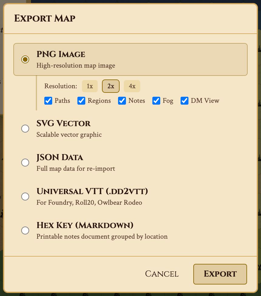 Export dialog with PNG, SVG, JSON, Universal VTT, and Hex Key markdown format options