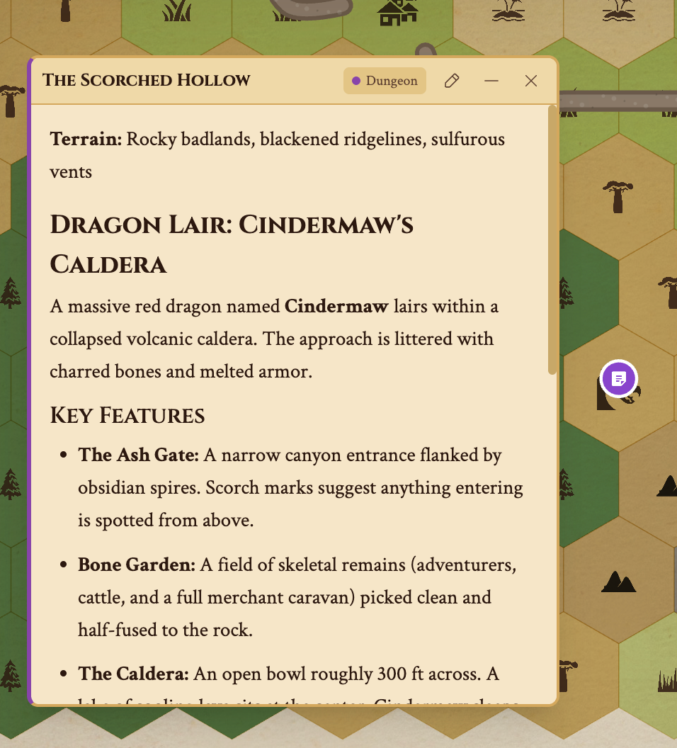 Floating note editor on the hex map showing rich text content, terrain details, and encounter information