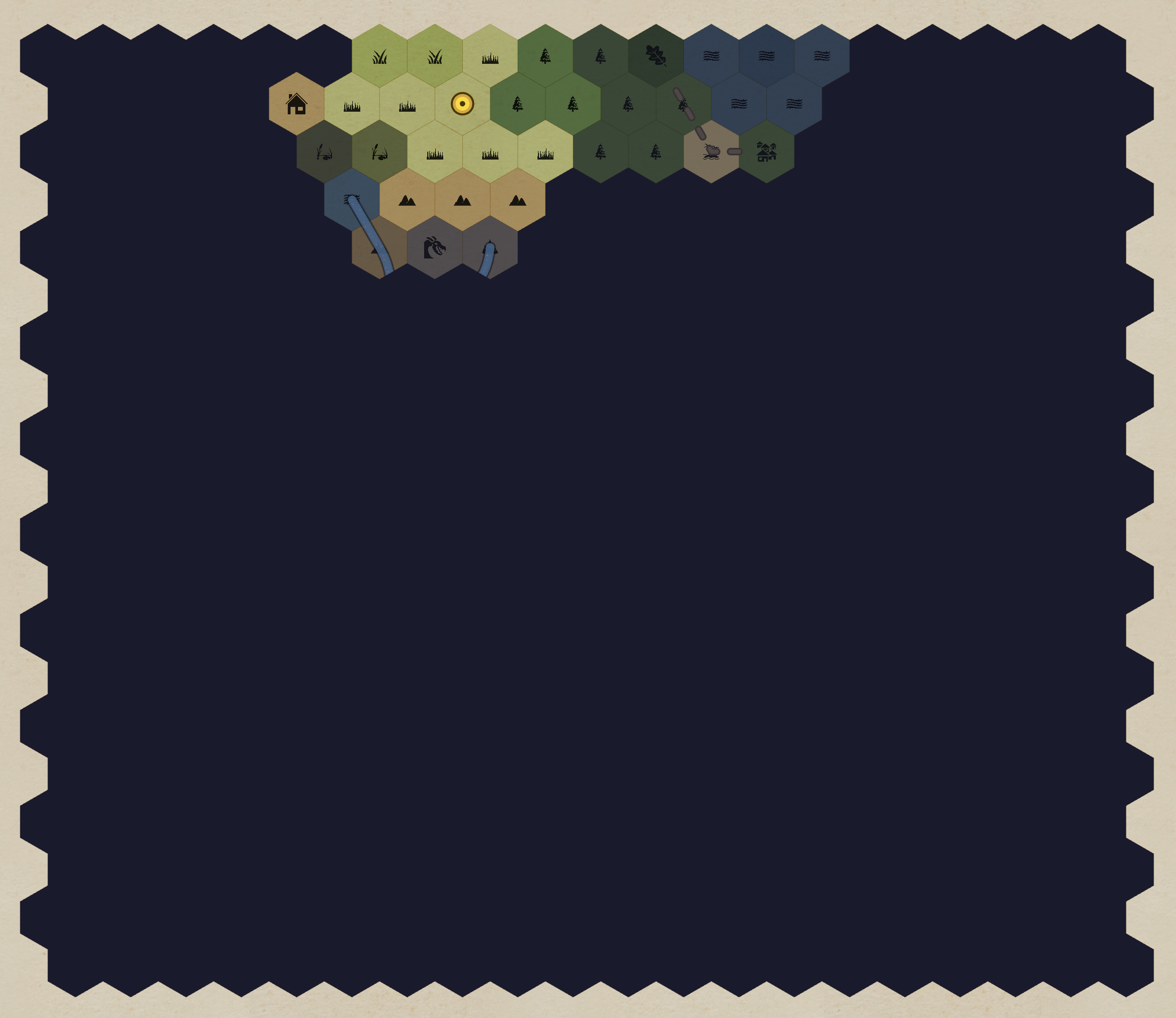 Player shared map view showing fog of war, revealed terrain, and party marker