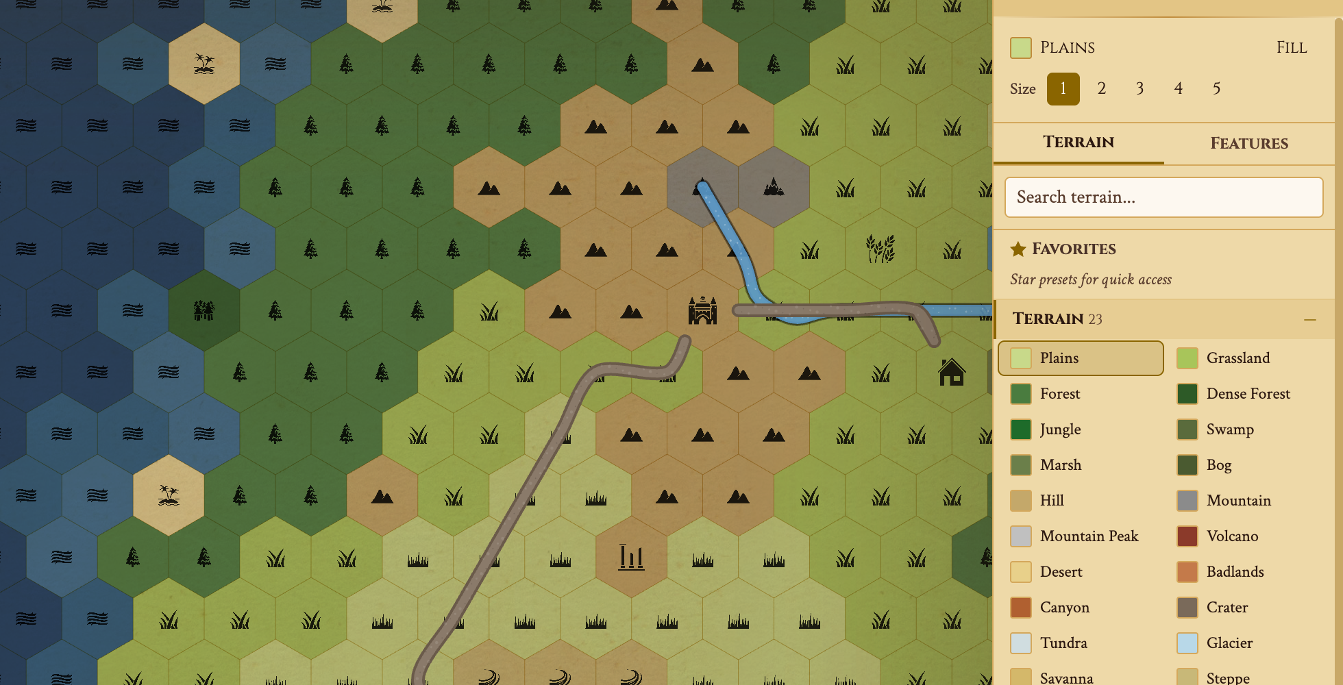 Hex map terrain types including forests, mountains, plains, and more