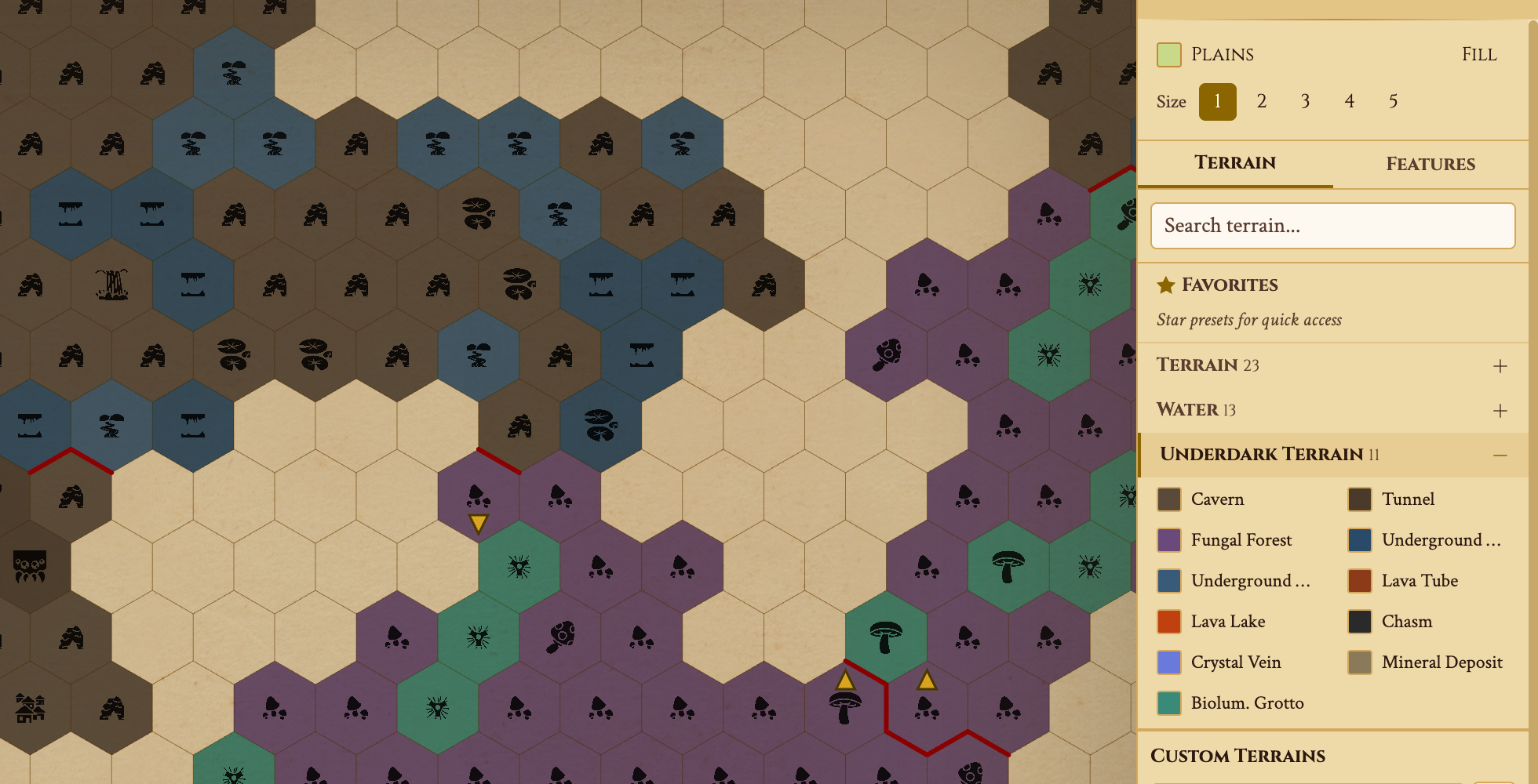 Underdark hex map layers showing caverns, fungal forests, and lava tubes